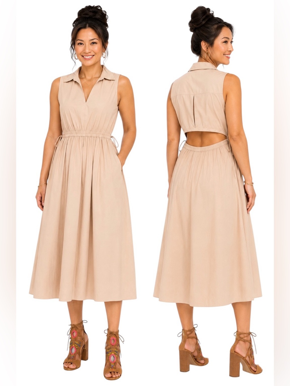 CALVIN KLEIN Beige Sleeveless Cutout Back Midi Dress Collared 100% Cotton